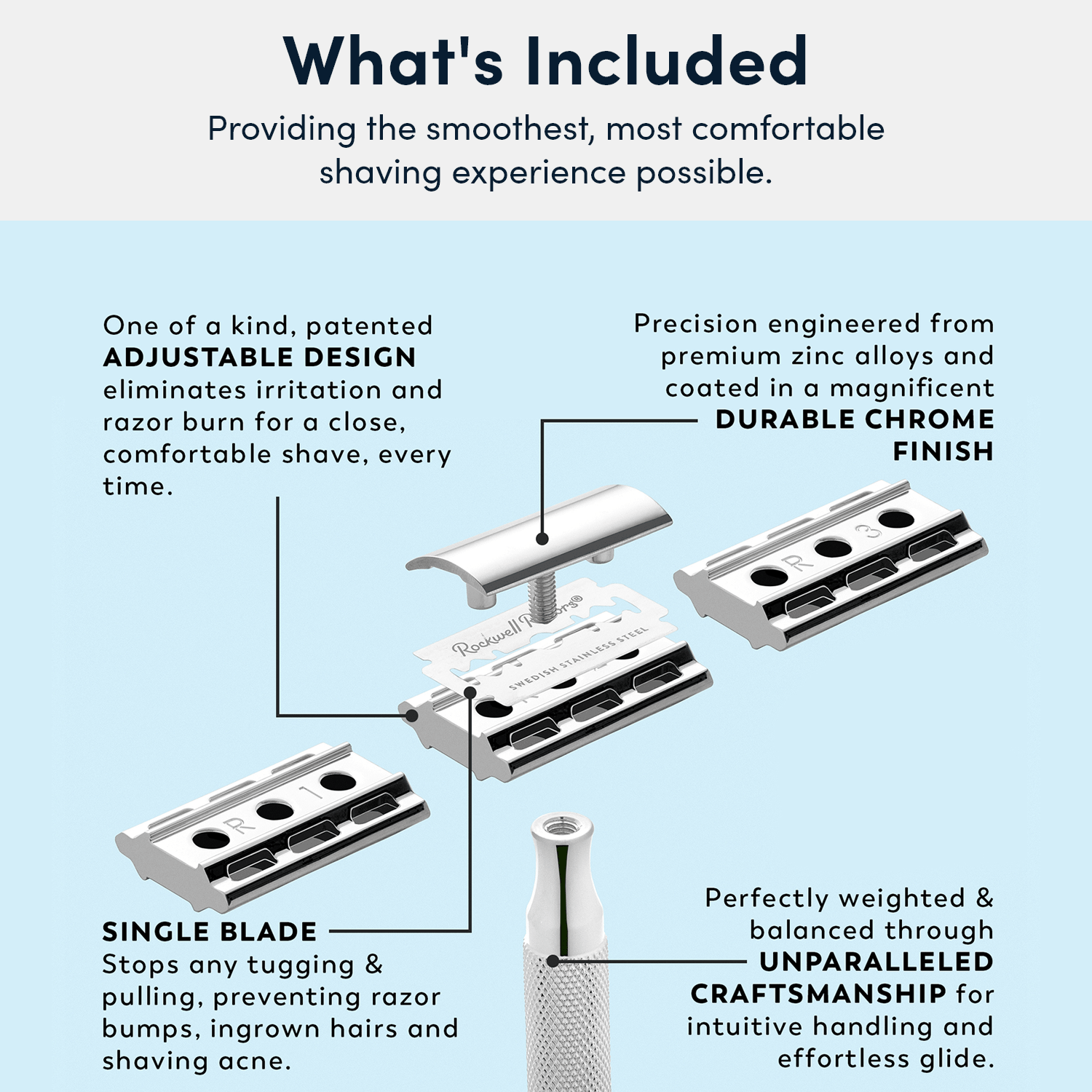 Image of Rockwell 6C Adjustable Safety Razor - White Chrome (Beginner Friendly)-4