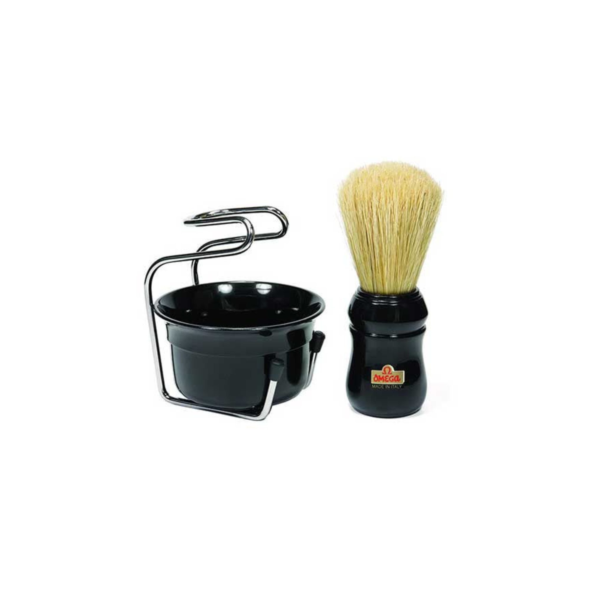 Image of Omega Boar Bristle Shaving Brush, H:128, L:65mm, K:27, Black Handle with Lather Bowl-1