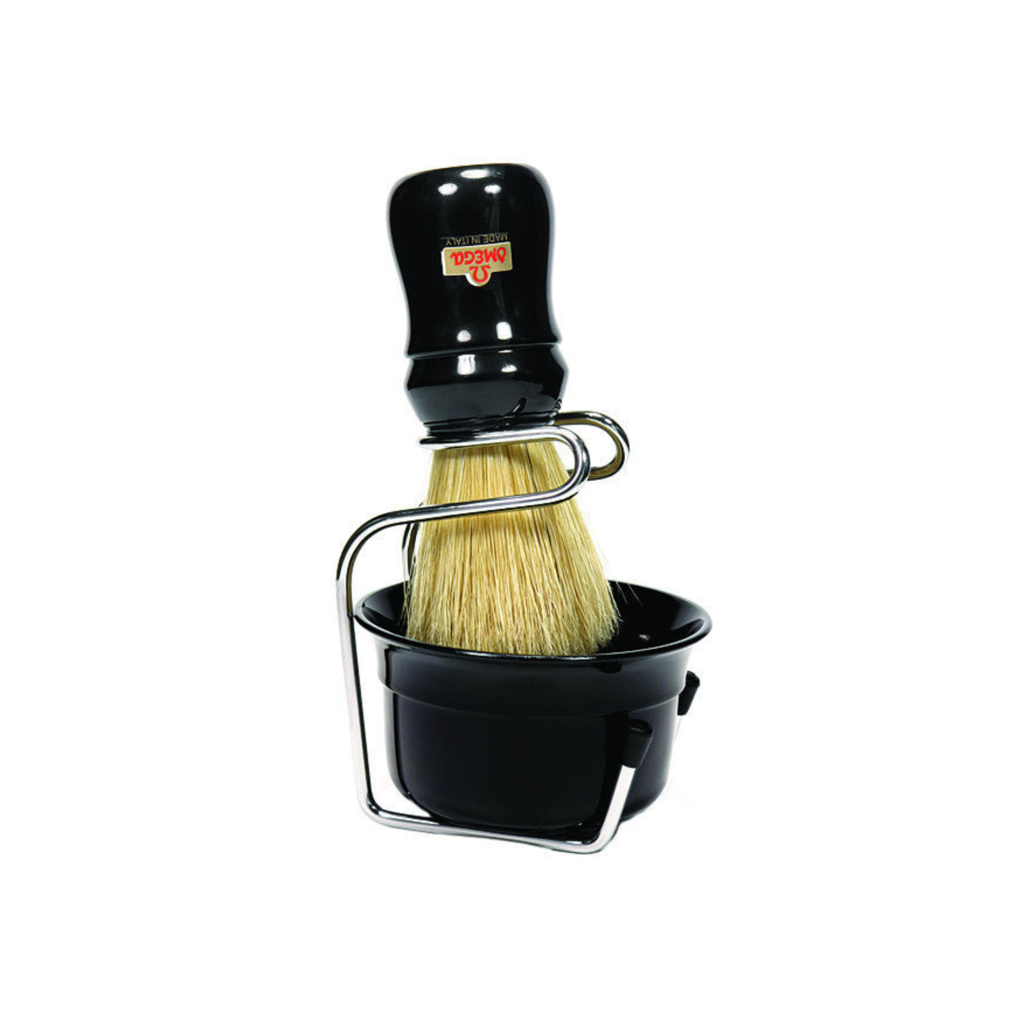 Image of Omega Boar Bristle Shaving Brush, H:128, L:65mm, K:27, Black Handle with Lather Bowl-0