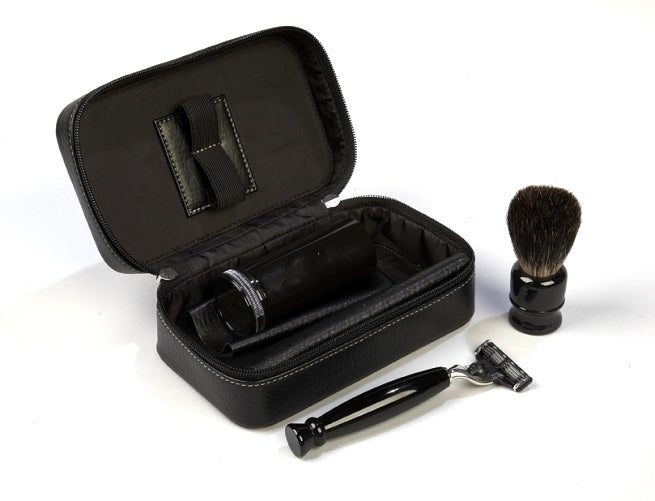 Image of Mach 3 Shave Kit with Mach 3 Black Handle Razor, Badger Black Handle Shave Brush and Leather Case-0