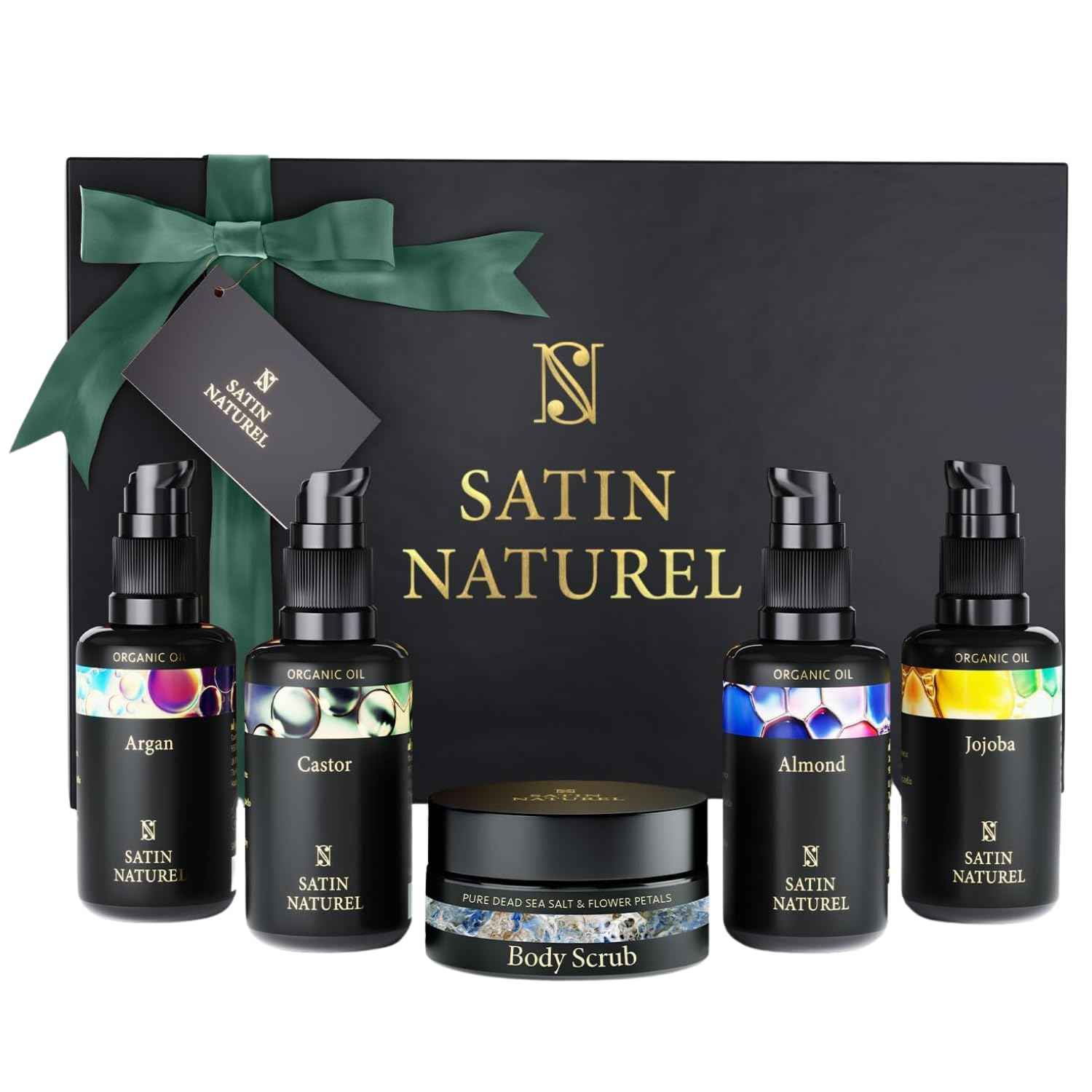 Image of Satin Naturel Luxury Gift Set for Women ? 5?30 ml Organic Hair Growth, Argan, Jojoba, Almond & Castor Oils with Body Scrub ? Strength & Shine Blend ?