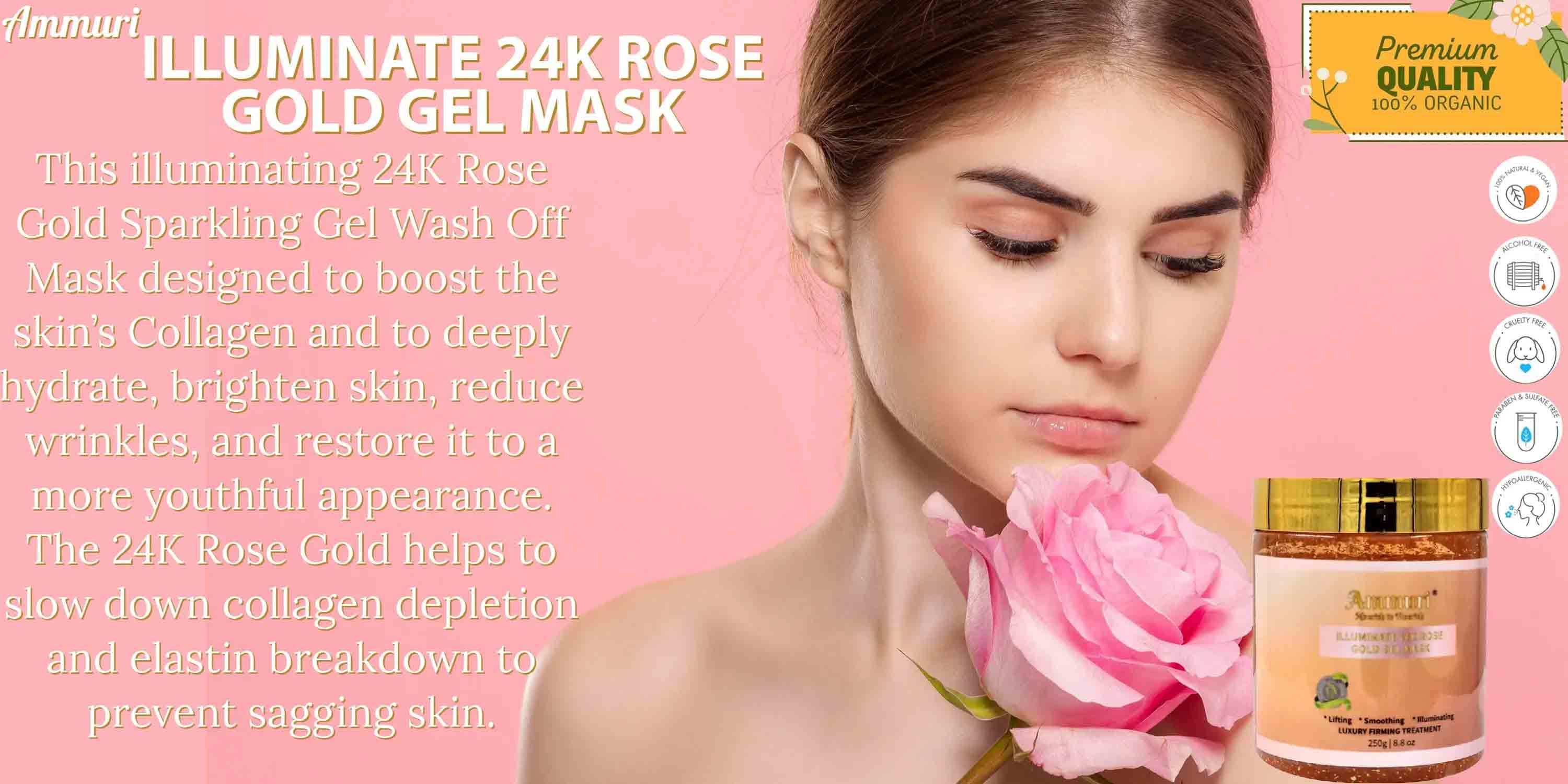 Image of Ammuri Rose Clay 24K Gold Gel Face Mask – Pink Clay with Collagen, Niacinamide & Hyaluronic Acid – Hydrating, Pore Minimizer & Anti-Ageing Skincare, 250g-0