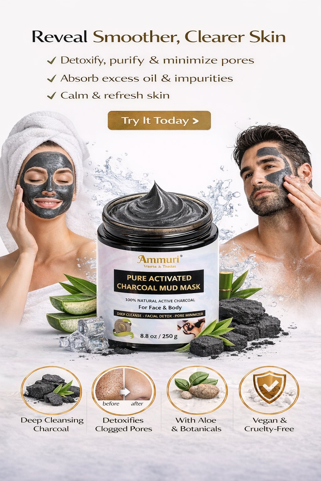 Image of Ammuri Pure Activated Charcoal Mud Mask for Face & Body-1