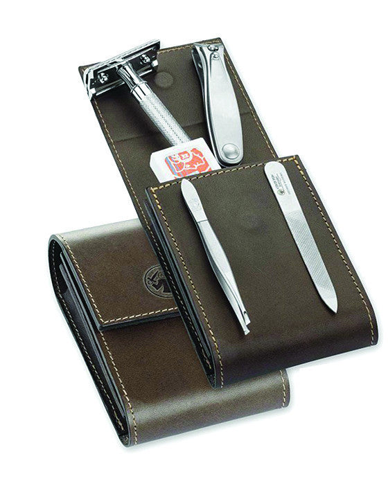 Image of Dovo Razor and Manicure Set in Brown Leather Case-1