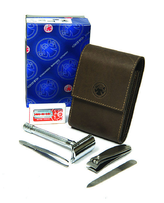 Image of Dovo Razor and Manicure Set in Brown Leather Case-0