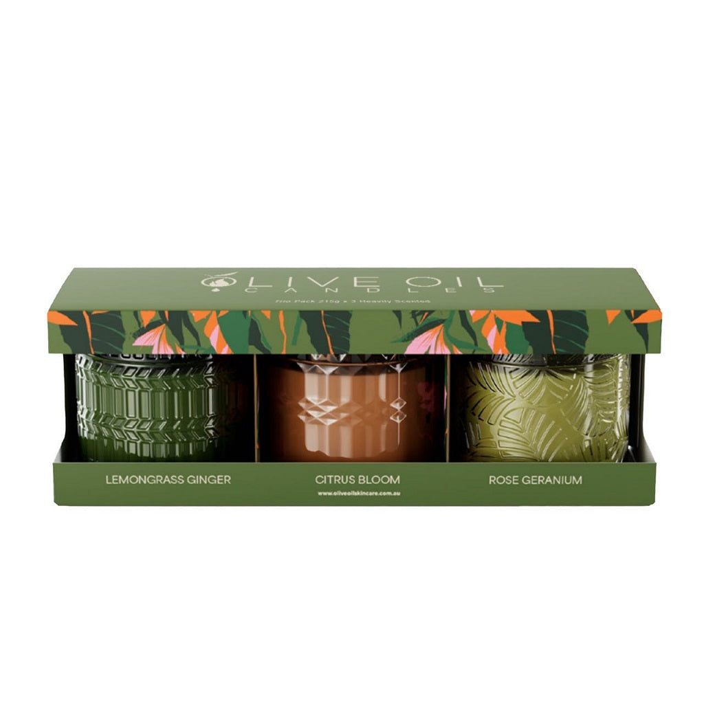 Image of OOSC Giftpack, Premium Olive Oil Candles Trio Set: Rose Geranium, Citrus Bloom and Lemongrass and Ginger-2