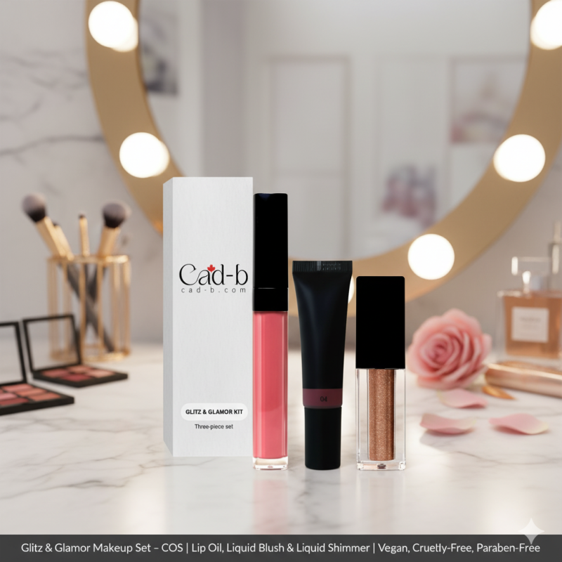Image of Glitz & Glamor Makeup Set – COS | Lip Oil, Liquid Blush & Liquid Shimmer | Vegan, Cruelty-Free, Paraben-Free
