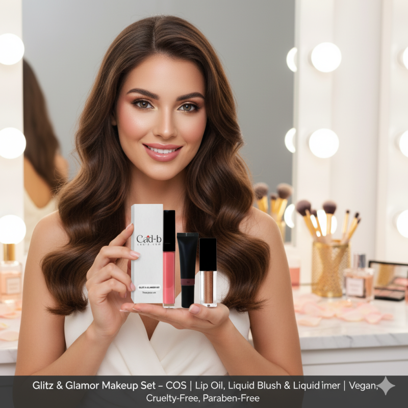 Image of Glitz & Glamor Makeup Set – COS | Lip Oil, Liquid Blush & Liquid Shimmer | Vegan, Cruelty-Free, Paraben-Free