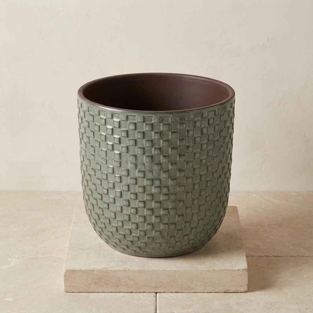 Image of Grüner Keramik Übertopf – D13,5cm – Salbeigrüner Blumentopf mit Reliefmuster – Dekorativer Pflanztopf für Zimmerpflanzen & Kräuter-1