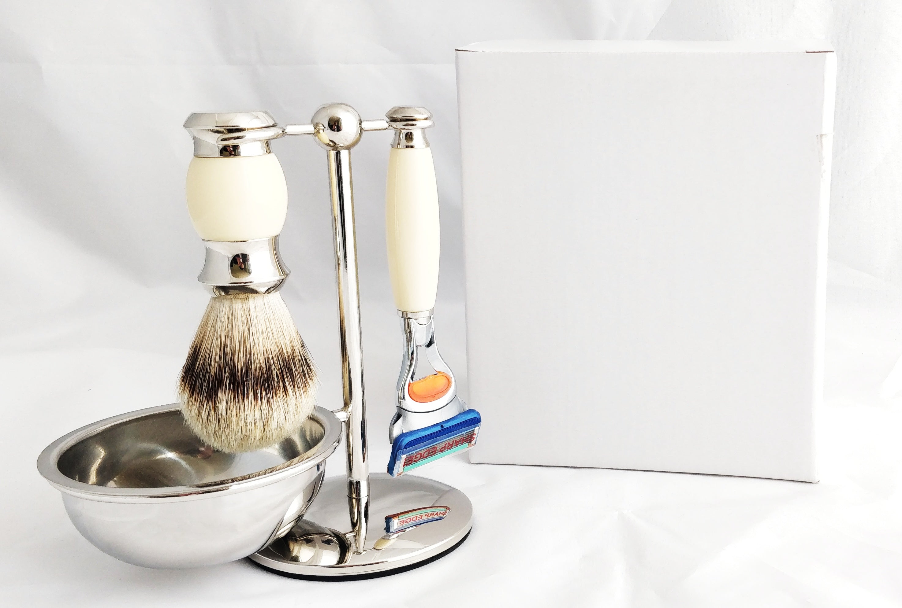 Image of PB-44 PureBadger CollectionCream 4pc Set, Faux Ivory Silvertip Shaving Brush, Fusion Razor, Stand & Bowl-0