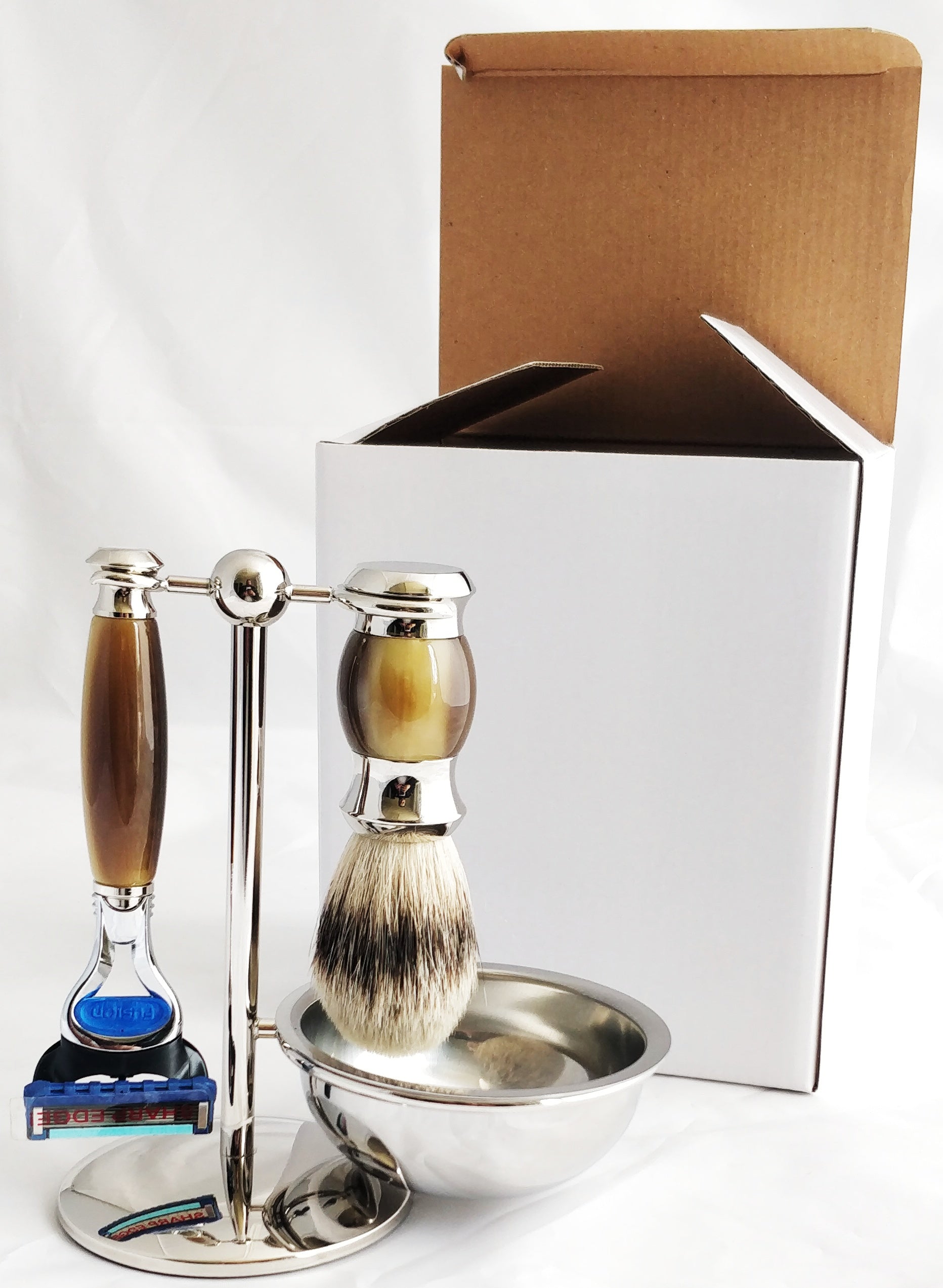 Image of PB-45 PureBadger Collection Brown 4 pc Set, Faux Horn Silver Tip Shaving Brush, Fusion Razor, Stand & Bowl-0