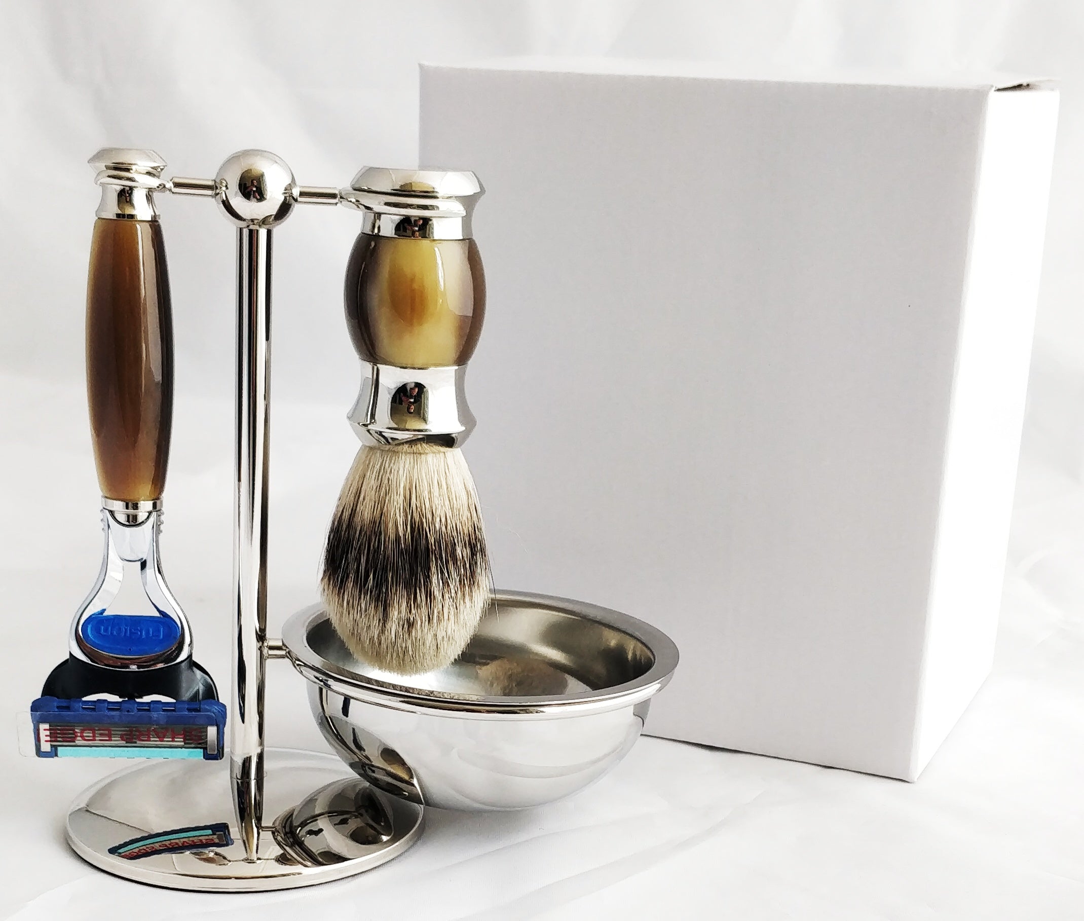 Image of PB-45 PureBadger Collection Brown 4 pc Set, Faux Horn Silver Tip Shaving Brush, Fusion Razor, Stand & Bowl-1