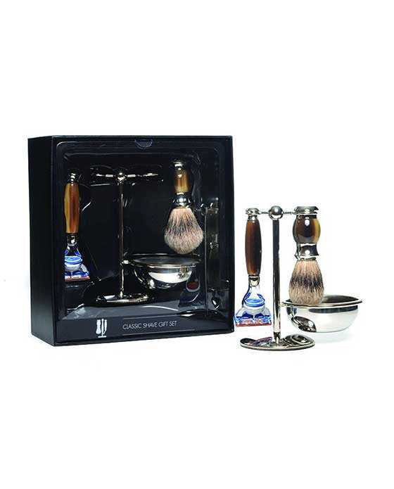 Image of PB-45FST PureBadger Collection Brown 4pc Set, Faux Horn Silvertip Brush, Fusion Razor, Stand & Bowl-0