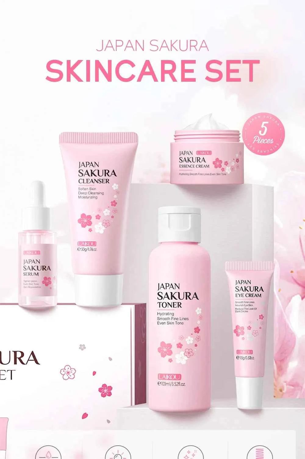 Image of LAIKOU Sakura Kit Hautpflegeset Feuchtigkeitsspendend und Faltenreduzierend Porenreinigend 5-teiliges Koreanisches Geschenkset zum Frauentag