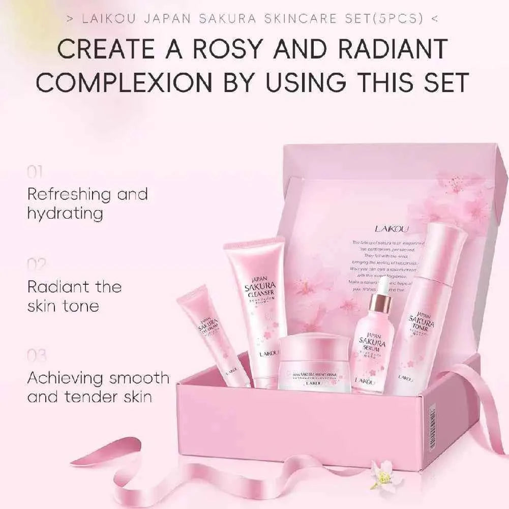 Image of LAIKOU Japan Sakura Hautpflege-Set Serum Verjüngende Aufhellungscreme Leuchtende Feuchtigkeitscreme Verblassen von Hautunreinheiten 5 Stück/Set