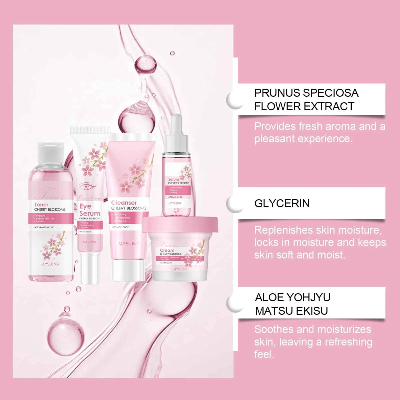 Image of Sakura Hautpflege-Set, Feuchtigkeitscreme, Gesichtscreme, Serum, Toner, Gesichtsreiniger, Augencreme, Anti-Falten, Aufhellung, Gesichtspflege-Set für Frauen