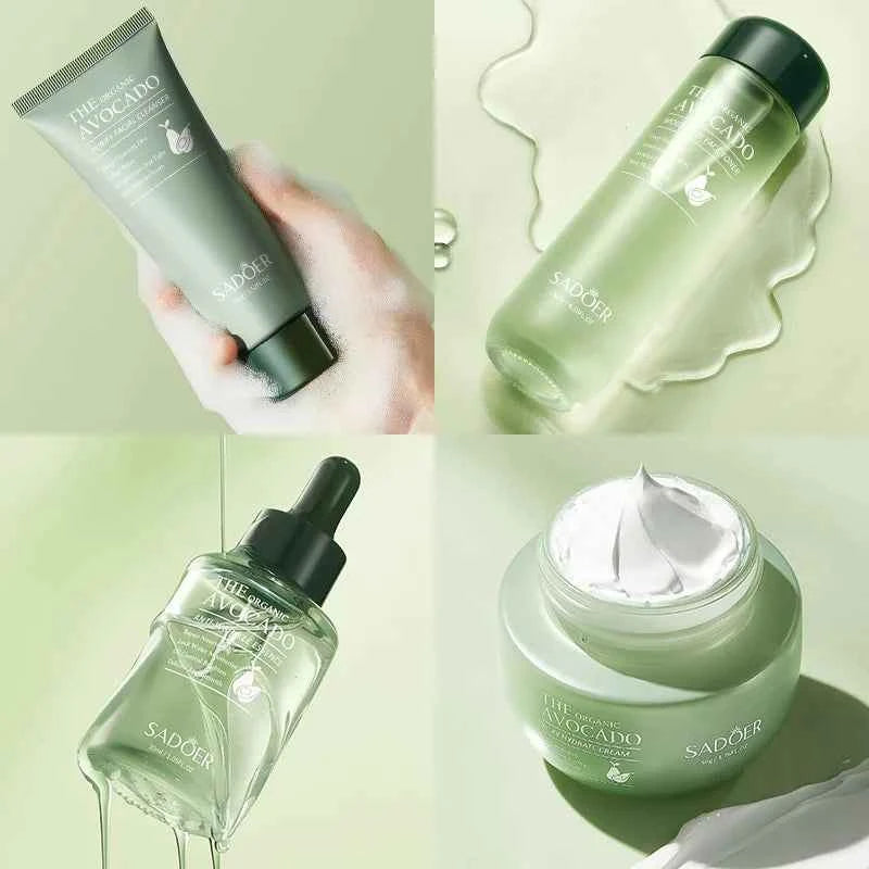 Image of Das 6-teilige Avocado-Hautpflege-Set enthält nährende und feuchtigkeitsspendende Augencreme, Gesichtscreme und Anti-Falten-Hautpflegeprodukte.