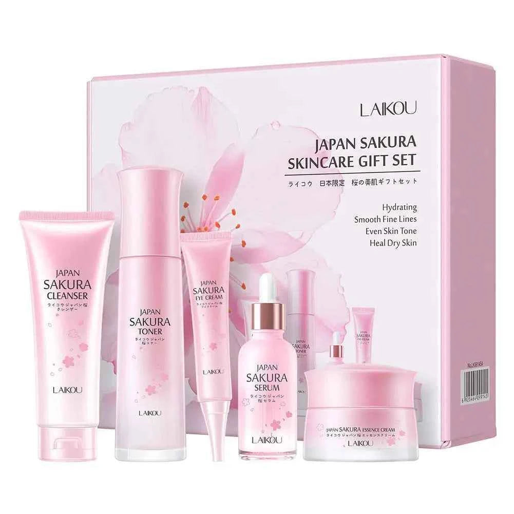 Image of LAIKOU Japan Sakura Hautpflege-Set Serum Verjüngende Aufhellungscreme Leuchtende Feuchtigkeitscreme Verblassen von Hautunreinheiten 5 Stück/Set