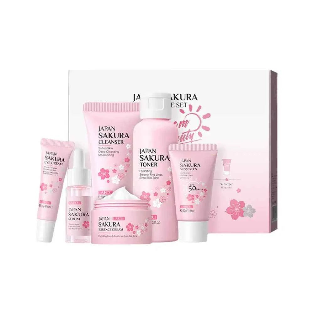 Image of 6 stücke Sakura Hautpflege-Set feuchtigkeit spendende feuchtigkeit spendende Glättung pflegende aufhellende straffende Frauen Schönheit Hautpflege produkt