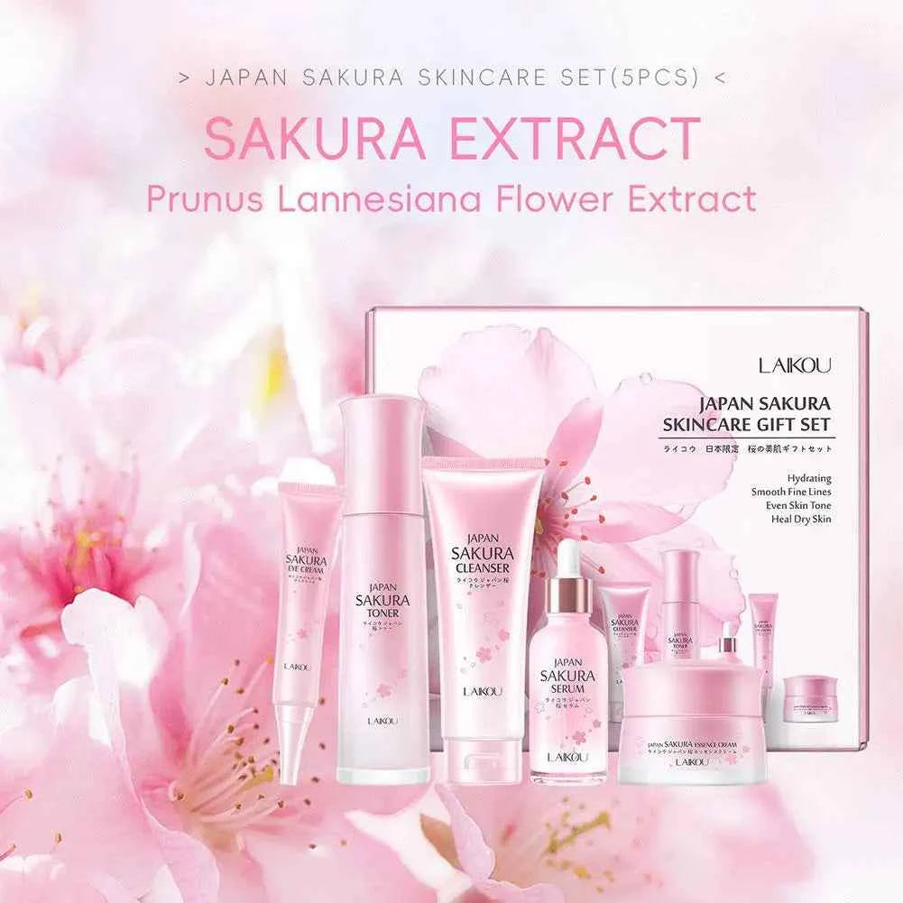Image of LAIKOU Japan Sakura Hautpflege-Set Serum Verjüngende Aufhellungscreme Leuchtende Feuchtigkeitscreme Verblassen von Hautunreinheiten 5 Stück/Set