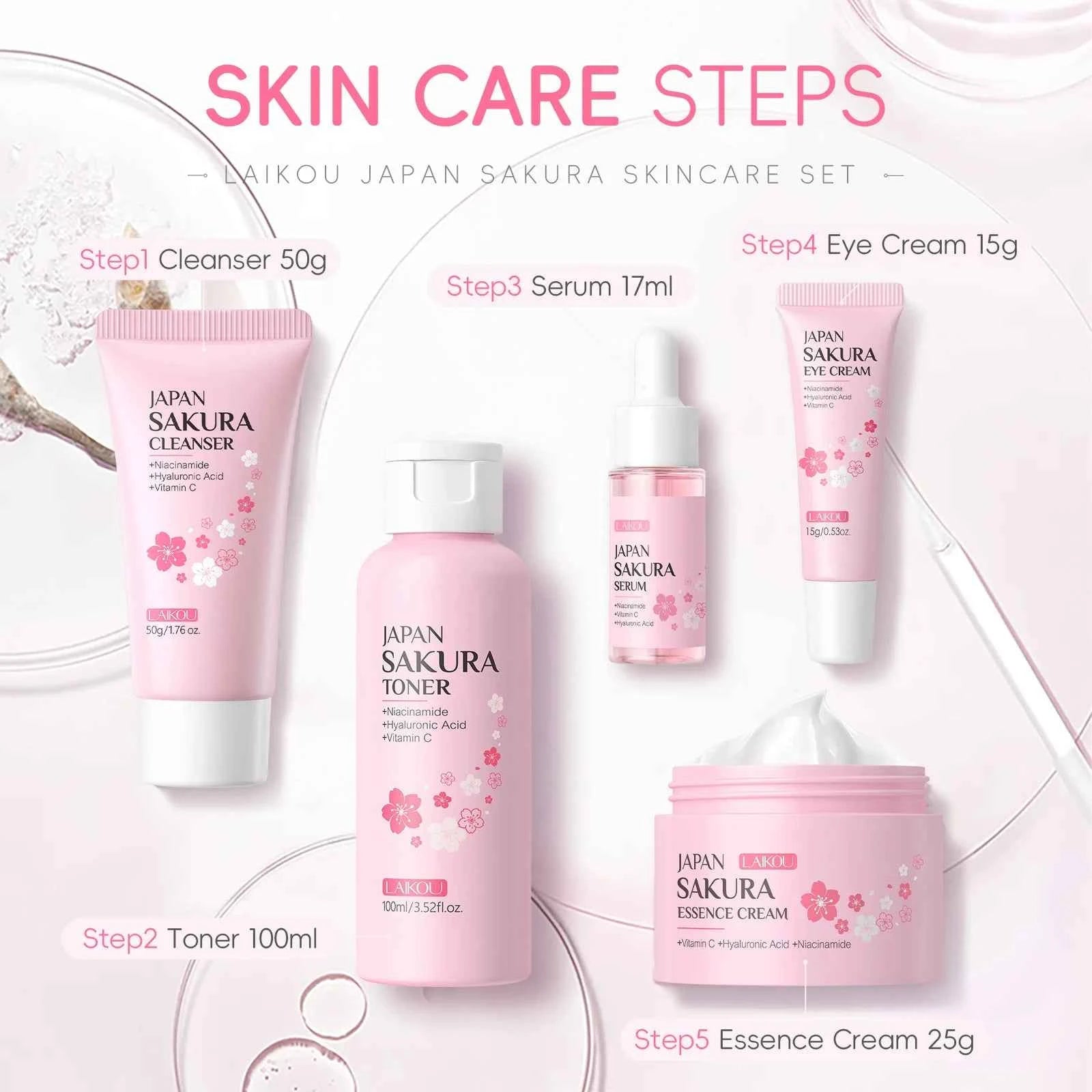 Image of LAIKOU Sakura Kit Hautpflegeset Feuchtigkeitsspendend und Faltenreduzierend Porenreinigend 5-teiliges Koreanisches Geschenkset zum Frauentag