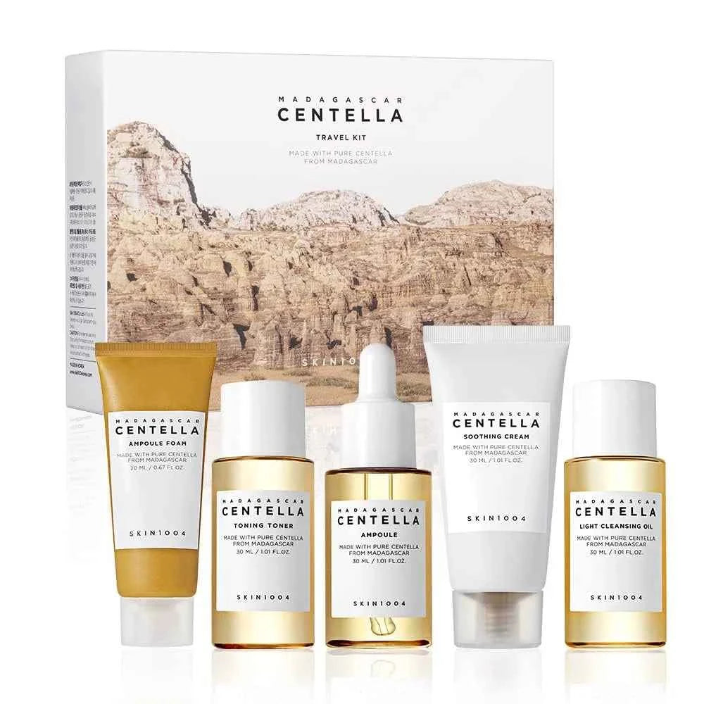Image of Koreanisches Centella Reise-Set, Toner, Ampulle, Beruhigungscreme, Reinigungsöl, Ampullen-Schaum, Tägliche Basis-Hautpflege Mini 5-teiliges Geschenkset