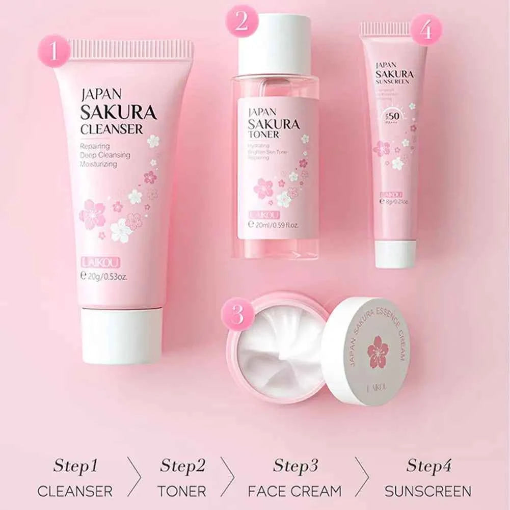 Image of Sakura Hautpflege-Sets & Kits mit Reinigungs mittel, Serum, Augen creme, Essenz creme Schönheits produkte für Frauen Geschenks ets Routine-Reiseset