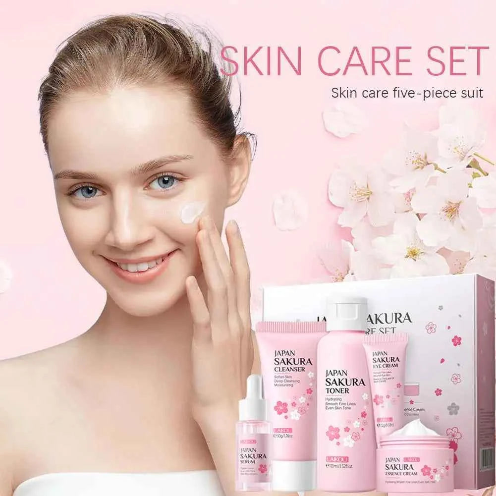 Image of 5/3 teile/satz Sakura Hautpflege Sets Gesicht Creme Serum Toner Gesichts Reiniger Sonnencreme Augencreme Geschenk Box Gesicht hautpflege Set Produkt