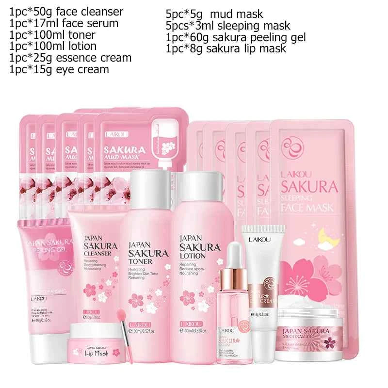 Image of Sakura Gesichtsreiniger Koreanisches Gesichtsserum Peeling Peeling Gel Befeuchten Toner Augencreme Sonnencreme Kosmetik Hautpflegeset