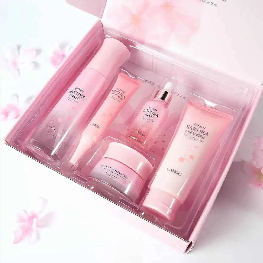 Image of LAIKOU Japan Sakura Hautpflege-Set Serum Verjüngende Aufhellungscreme Leuchtende Feuchtigkeitscreme Verblassen von Hautunreinheiten 5 Stück/Set