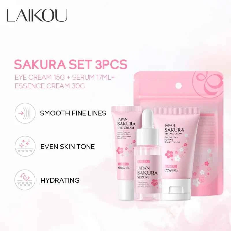 Image of 3 teile/satz LAIKOU Vitamin C 24K Goldene Sakura Hautpflege Sets Gesichtscreme Serum Augencreme Feuchtigkeitsspendende Anti Falten gesichtspflege Kit