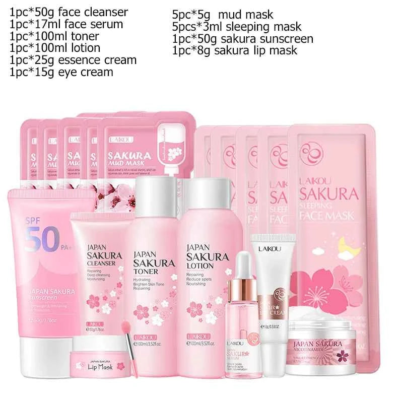 Image of Sakura Gesichtsreiniger Koreanisches Gesichtsserum Peeling Peeling Gel Befeuchten Toner Augencreme Sonnencreme Kosmetik Hautpflegeset