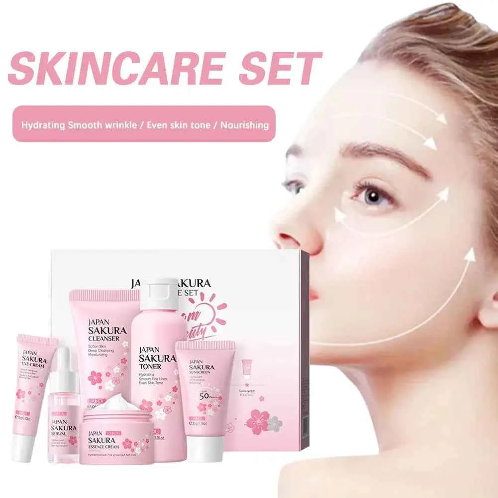 Image of 6 stücke Sakura Hautpflege-Set feuchtigkeit spendende feuchtigkeit spendende Glättung pflegende aufhellende straffende Frauen Schönheit Hautpflege produkt