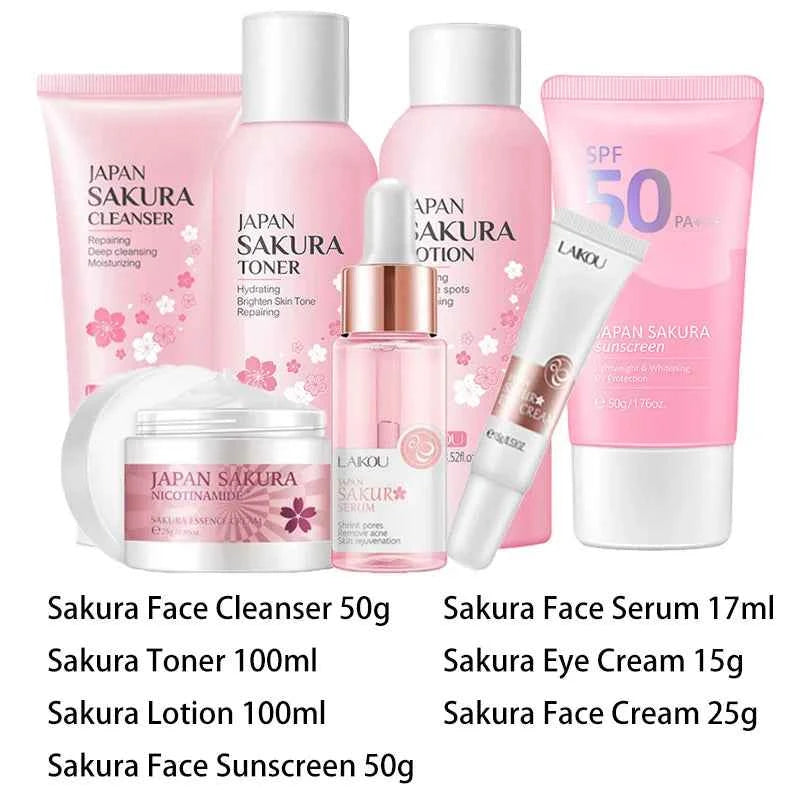 Image of Sakura Gesichtsreiniger Koreanisches Gesichtsserum Peeling Peeling Gel Befeuchten Toner Augencreme Sonnencreme Kosmetik Hautpflegeset