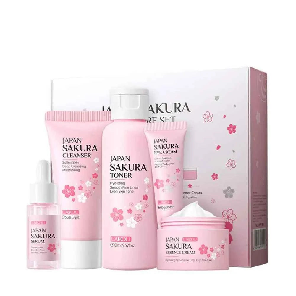 Image of LAIKOU Japan Sakura Hautpflege-Set Serum Verjüngende Aufhellungscreme Leuchtende Feuchtigkeitscreme Verblassen von Hautunreinheiten 5 Stück/Set