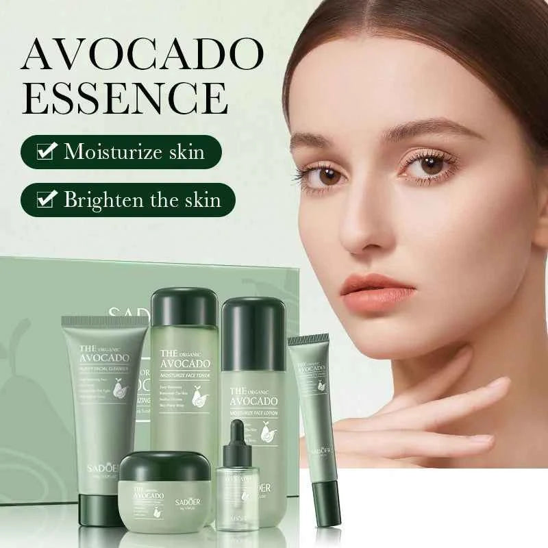 Image of Das 6-teilige Avocado-Hautpflege-Set enthält nährende und feuchtigkeitsspendende Augencreme, Gesichtscreme und Anti-Falten-Hautpflegeprodukte.