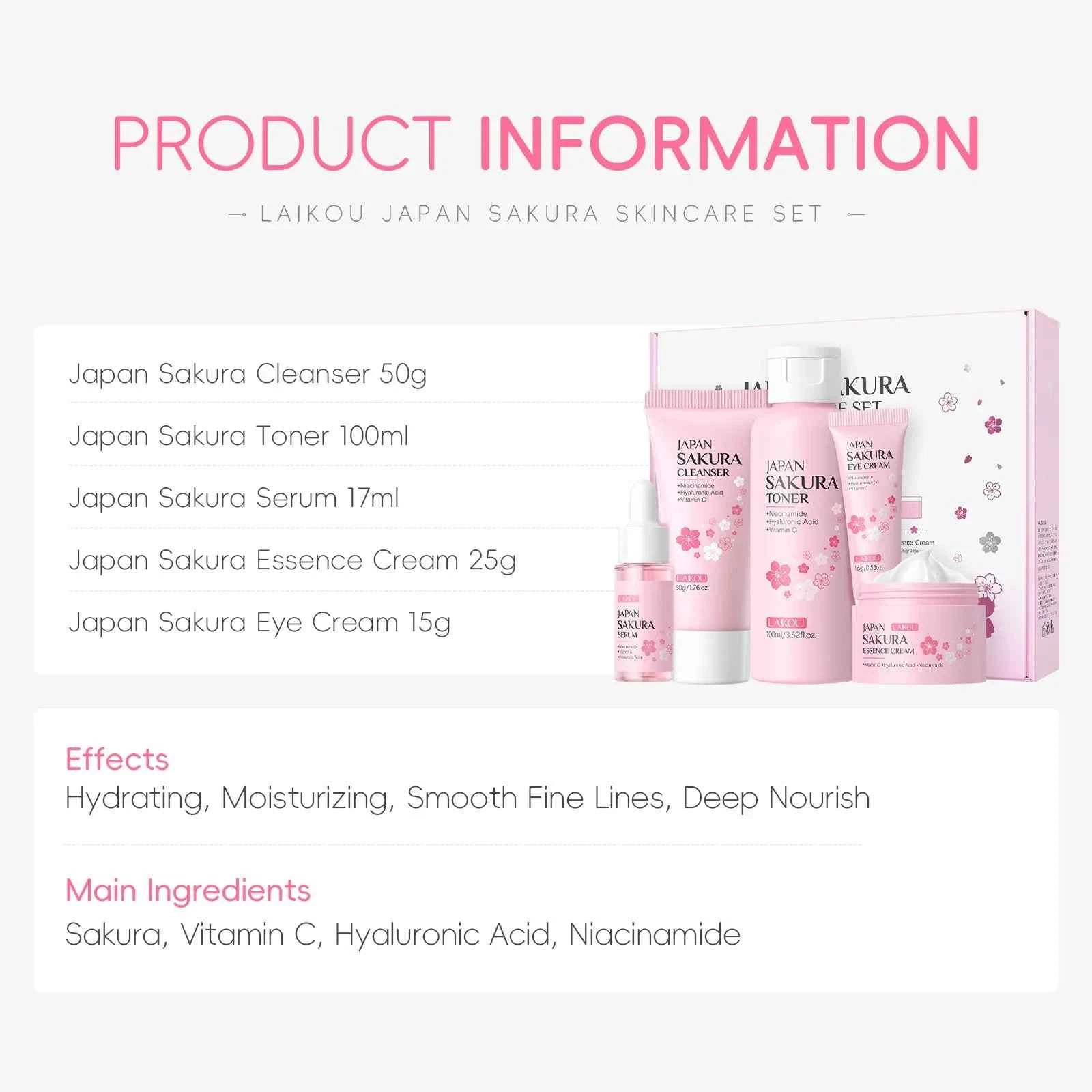Image of LAIKOU Sakura Kit Hautpflegeset Feuchtigkeitsspendend und Faltenreduzierend Porenreinigend 5-teiliges Koreanisches Geschenkset zum Frauentag