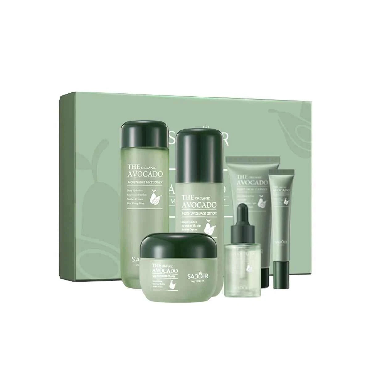Image of Das 6-teilige Avocado-Hautpflege-Set enthält nährende und feuchtigkeitsspendende Augencreme, Gesichtscreme und Anti-Falten-Hautpflegeprodukte.