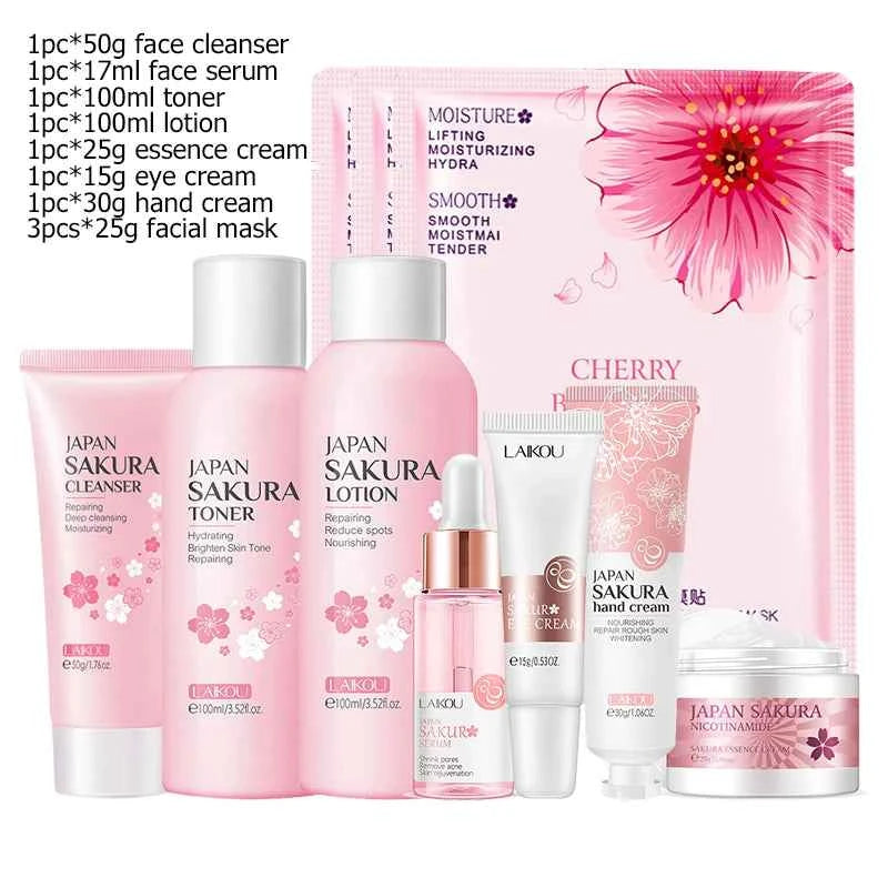 Image of Gesichtspflege-Set Sakura / Grüner Tee Gesichtscreme Nährende Haut Gesichtsserum Glättende Augencreme Hautpflege Koreanische Kosmetik