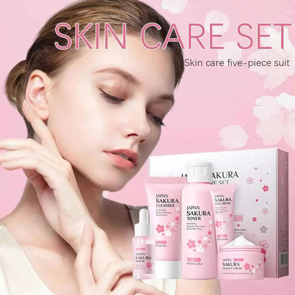 Image of 5/3 teile/satz Sakura Hautpflege Sets Gesicht Creme Serum Toner Gesichts Reiniger Sonnencreme Augencreme Geschenk Box Gesicht hautpflege Set Produkt