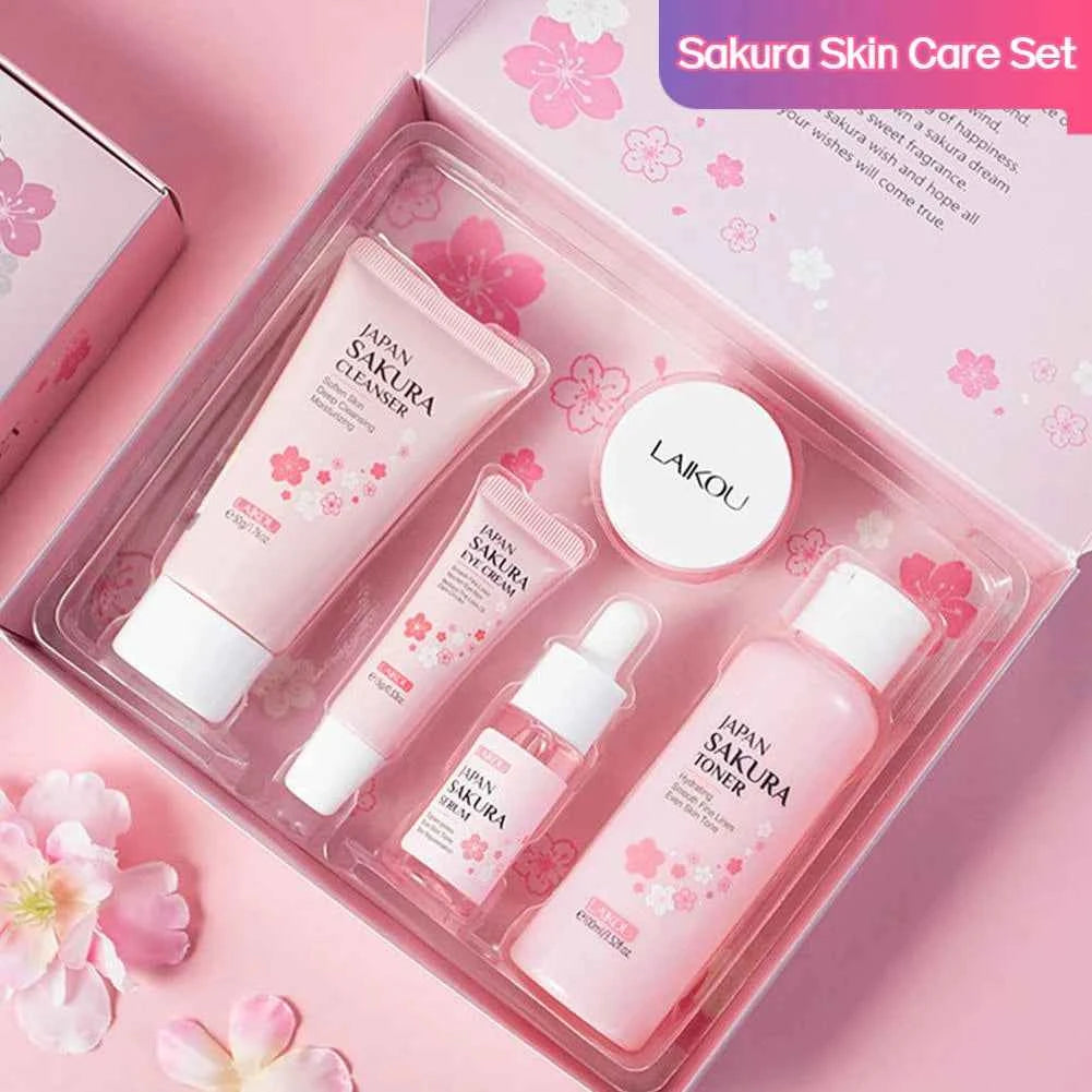 Image of 5/3 teile/satz Sakura Hautpflege Sets Gesicht Creme Serum Toner Gesichts Reiniger Sonnencreme Augencreme Geschenk Box Gesicht hautpflege Set Produkt