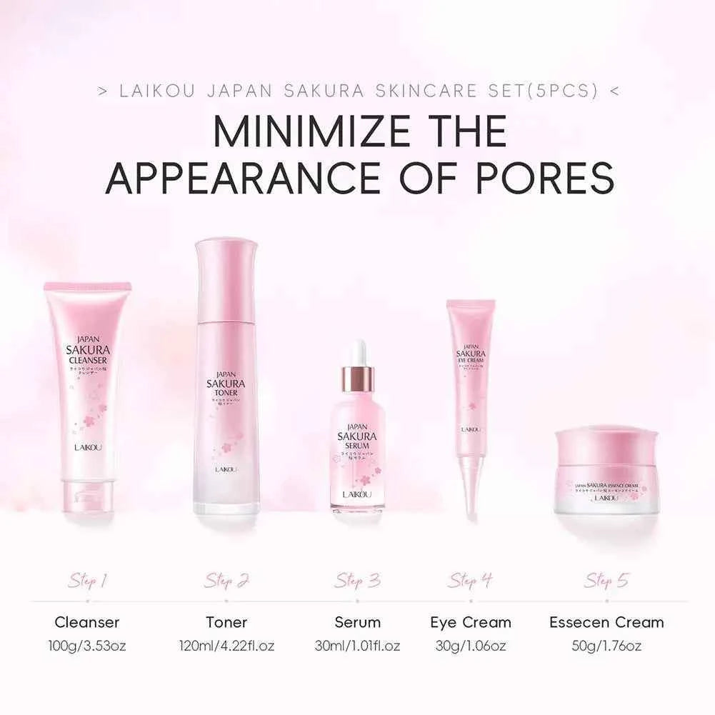Image of LAIKOU Japan Sakura Hautpflege-Set Serum Verjüngende Aufhellungscreme Leuchtende Feuchtigkeitscreme Verblassen von Hautunreinheiten 5 Stück/Set