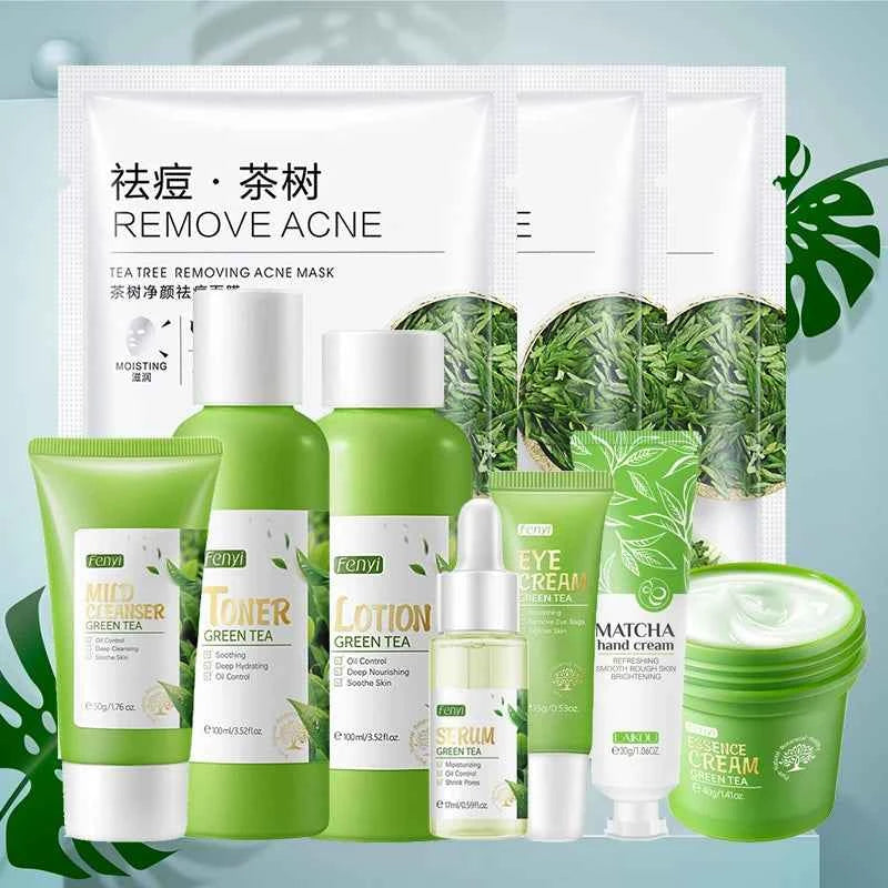 Image of Gesichtspflege-Set Sakura / Grüner Tee Gesichtscreme Nährende Haut Gesichtsserum Glättende Augencreme Hautpflege Koreanische Kosmetik