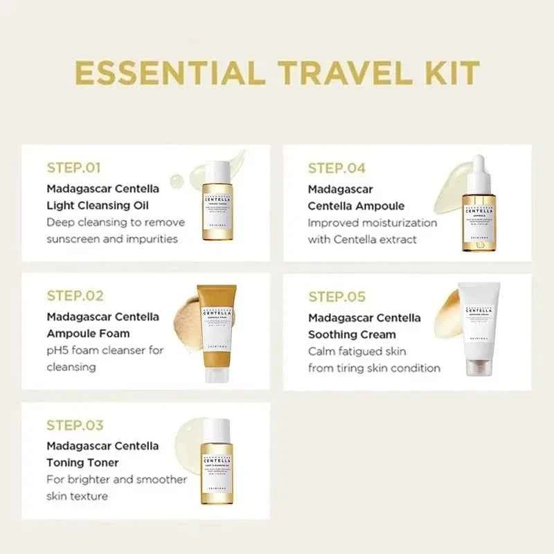 Image of Koreanisches Centella Reise-Set, Toner, Ampulle, Beruhigungscreme, Reinigungsöl, Ampullen-Schaum, Tägliche Basis-Hautpflege Mini 5-teiliges Geschenkset