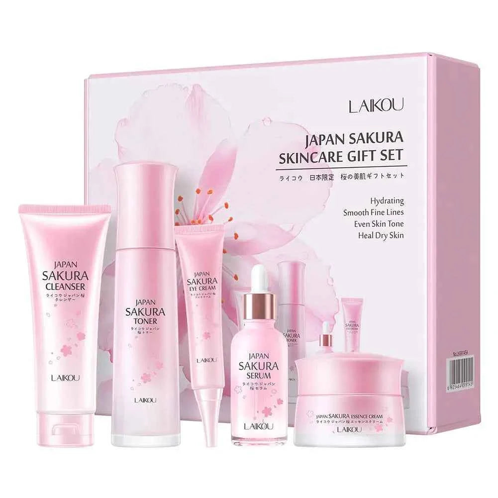 Image of LAIKOU Japan Sakura Hautpflege-Set Serum Verjüngende Aufhellungscreme Leuchtende Feuchtigkeitscreme Verblassen von Hautunreinheiten 5 Stück/Set