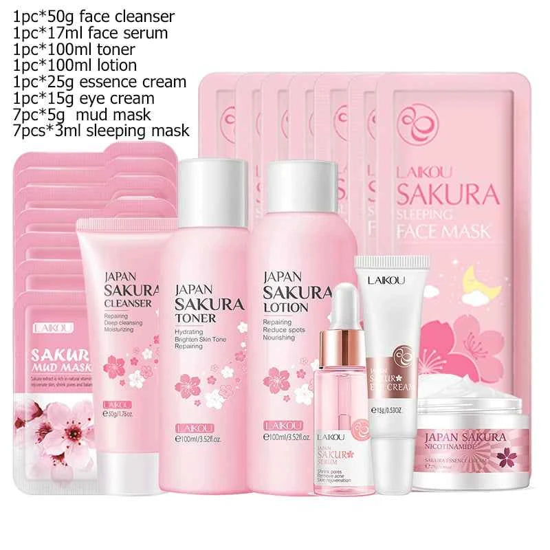 Image of Sakura Gesichtsreiniger Koreanisches Gesichtsserum Peeling Peeling Gel Befeuchten Toner Augencreme Sonnencreme Kosmetik Hautpflegeset