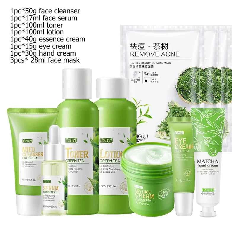 Image of Gesichtspflege-Set Sakura / Grüner Tee Gesichtscreme Nährende Haut Gesichtsserum Glättende Augencreme Hautpflege Koreanische Kosmetik