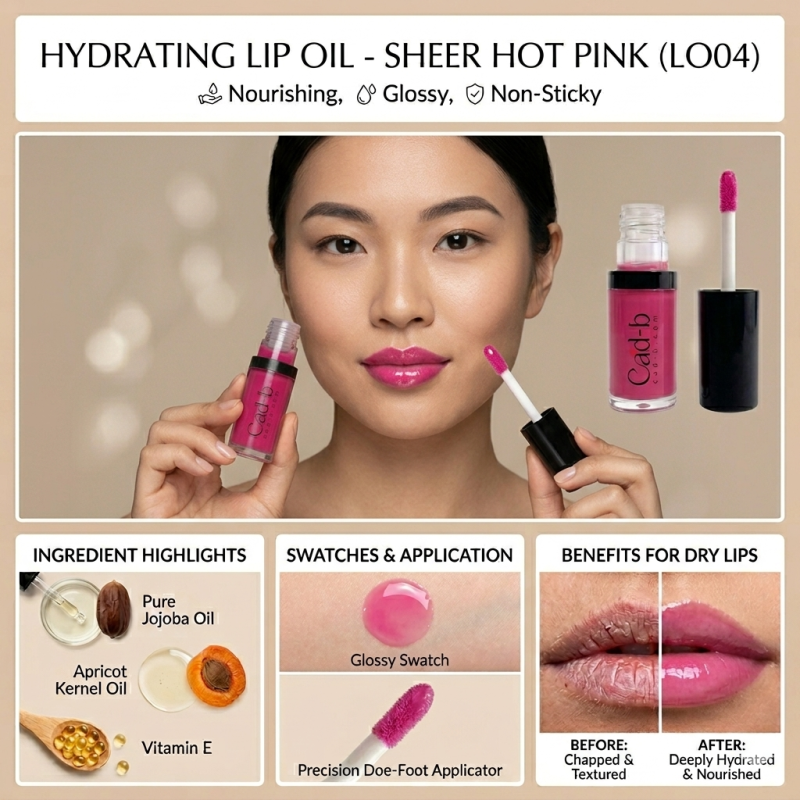 Image of Hydrating Lip Oil - Sheer Hot Pink | Nourishing Glossy Lip Oil for Dry Lips | Vitamin E, Jojoba & Apricot Oils | LO04 | CAD B