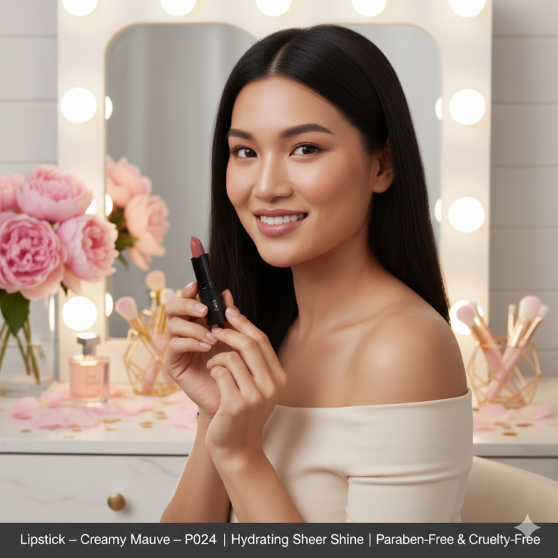 Image of Lipstick – Creamy Mauve – P024 | Hydrating Sheer Shine | Paraben-Free & Cruelty-Free