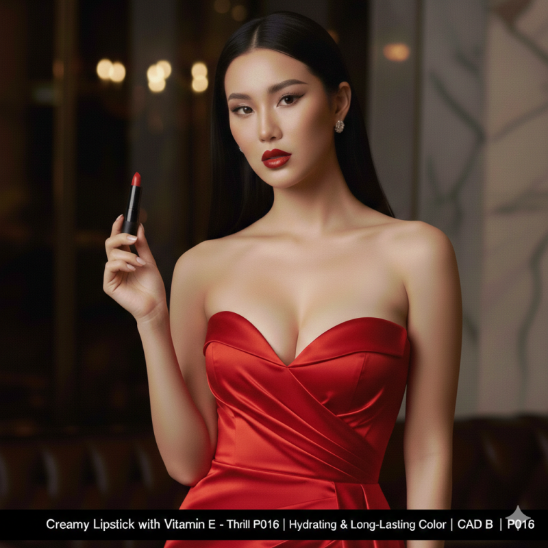 Image of Creamy Lipstick with Vitamin E – Thrill P016 | Hydrating & Long-Lasting Color | CAD B | P016